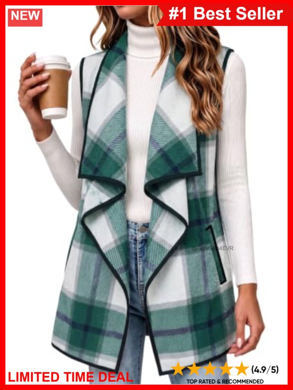 Plaid Flannel Vest Long Sleeveless Open Front with Pockets